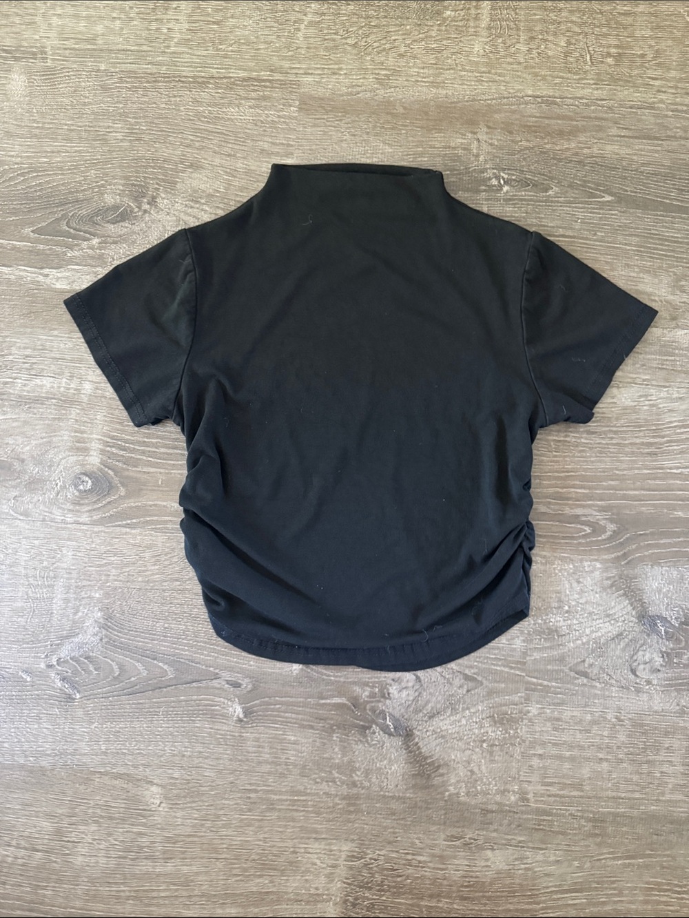 Black Short-Sleeve Mock Neck Cinched Ruching Flattering Silhouette Women's Top